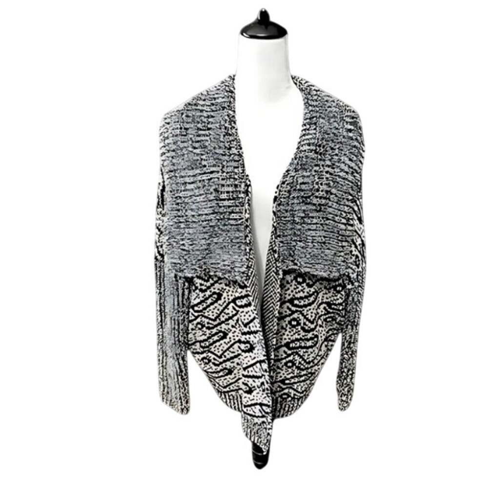 H&M Oversized Cardigan Sweater Ribbed Geometric Open Front Black Cream Med NWT